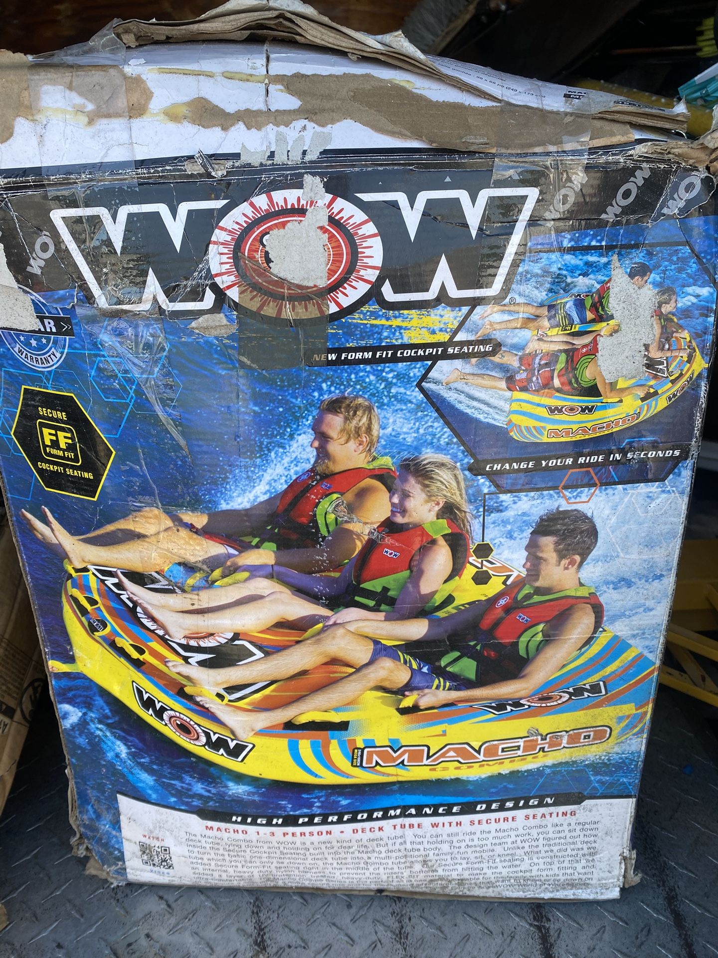 Wow Macho combo 3 person towable inflatable tube raft water sports fun retails $329 for $150 New New Opened box to inspect and it’s brand new 100% goo