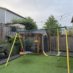 5-in-1 Kids Swing Set, Outdoor Swing Set with Saucer Swing, Glider, Rope Swing, and Basketball Hoop