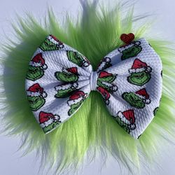 Grinch With Santa Hat Hair Bow With Grinch Like Fur 