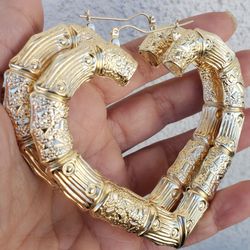 Xlarge big 10k yellow gold heart bamboo earrings 3 x 3.5 inches