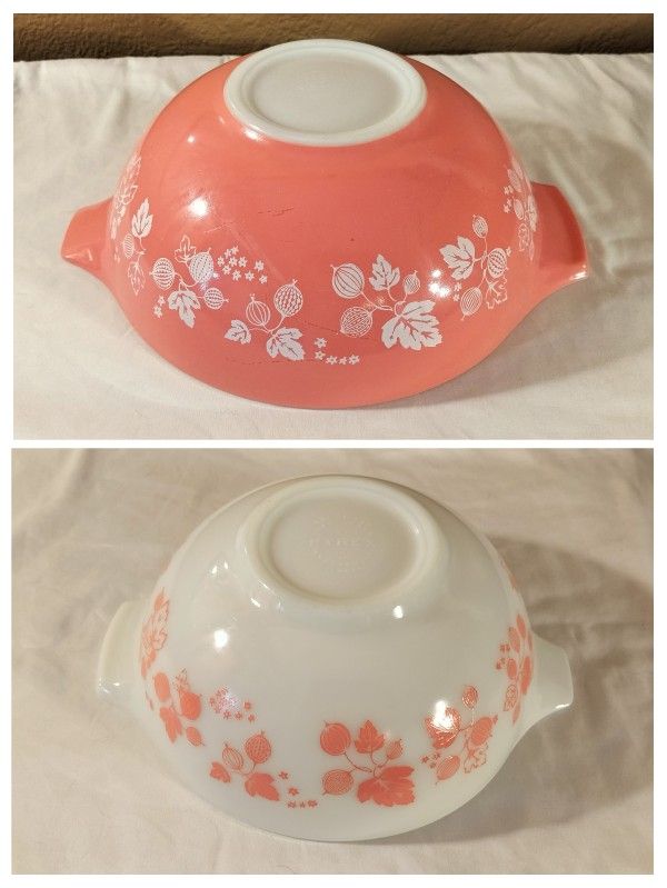 Vintage Pyrex 443 and 444 Pink and White Gooseberry Pattern on White Milk Glass Cinderella Bowls.