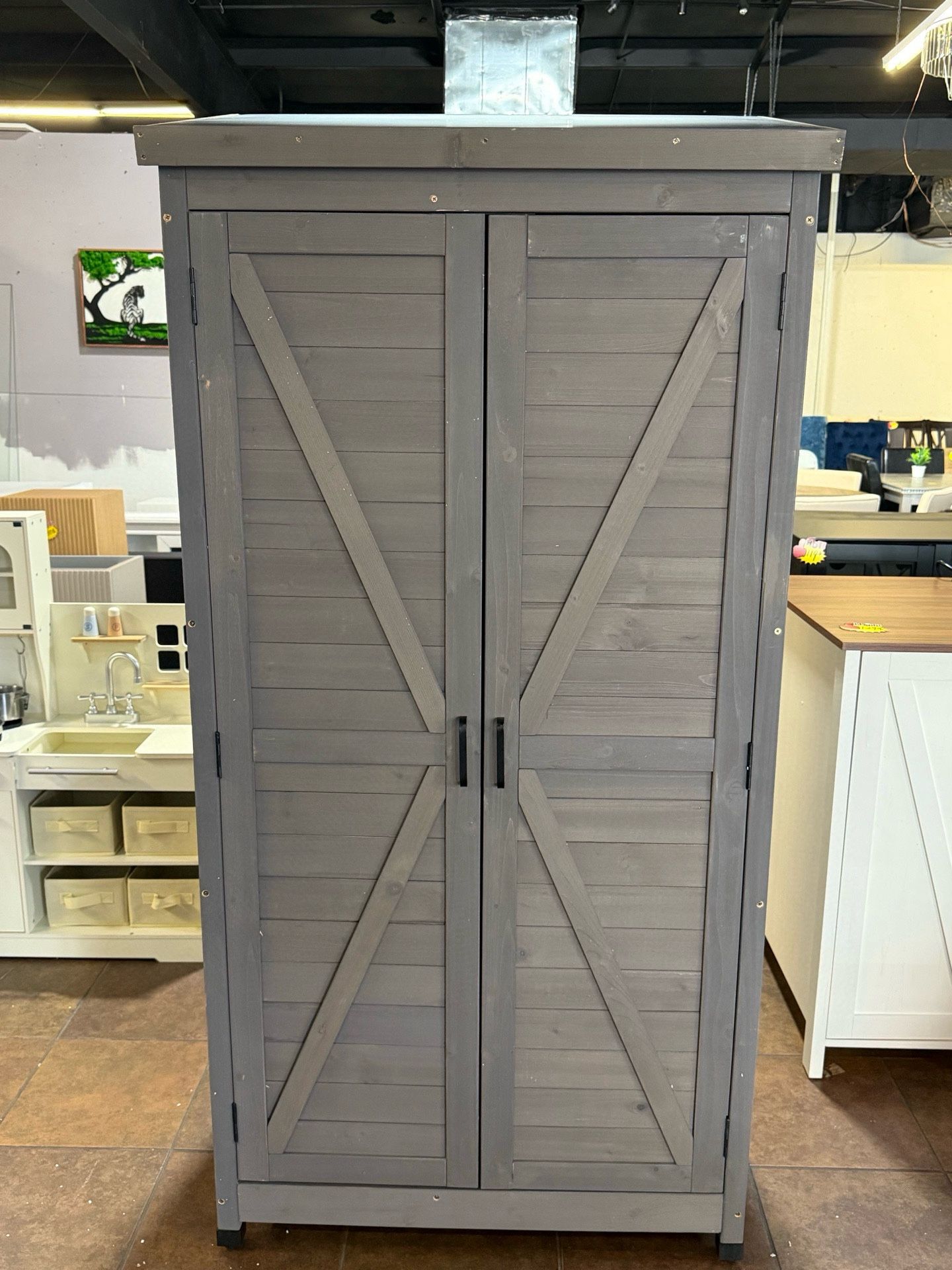 33 in. W x 20 in. D x 68 in. H Wooden Outdoor Storage Cabinet, Wooden Storage Shed with Metal Top for Yard and Garden(Grey) π°150$