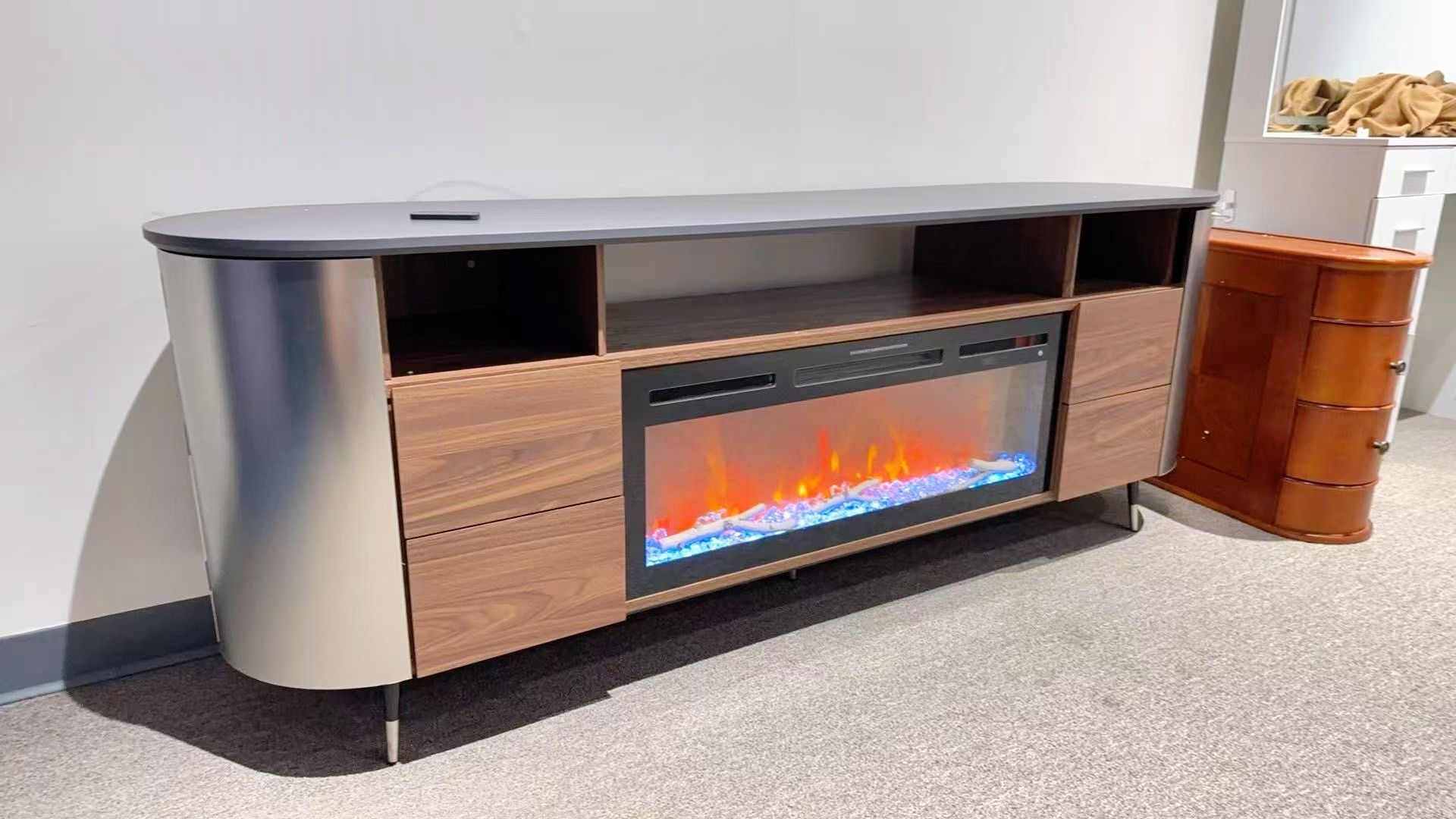 Brand new 77inch Curved TV Stand with 36" Electric Fireplace and crystal branch decoration