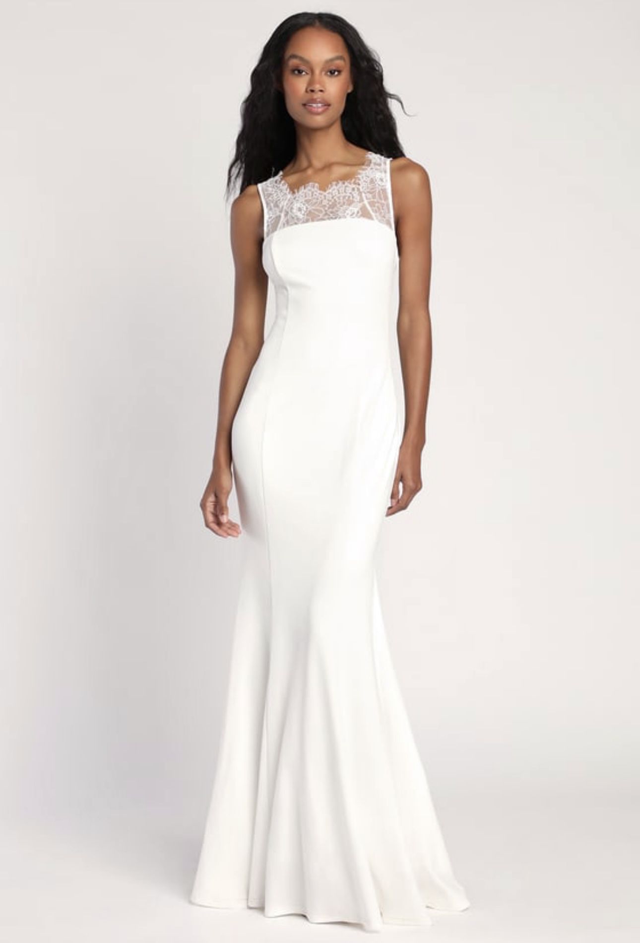 NWT Lulus True Passion White Lace V-Back Mermaid Maxi Dress 