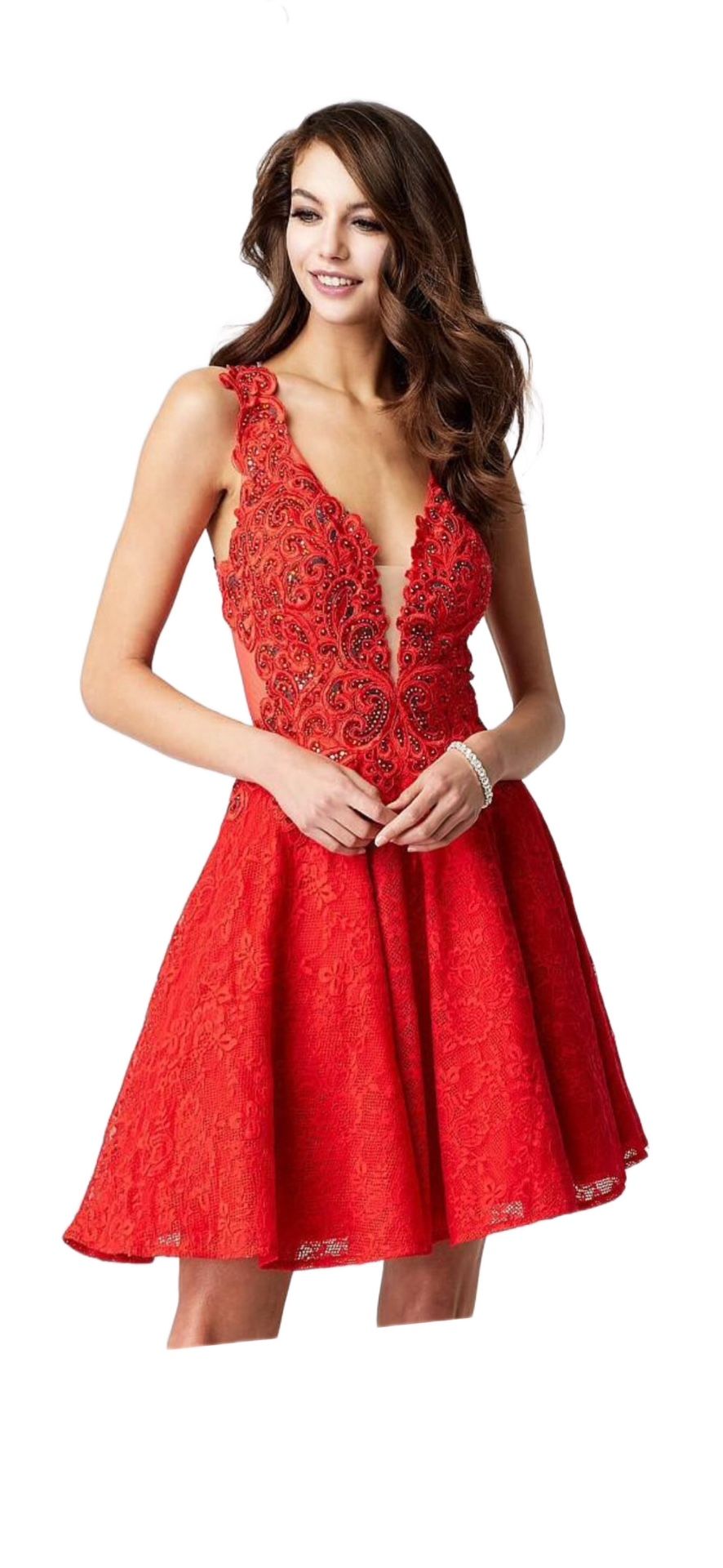 JVN by Jovani 45264 lace v-neck A-line Red dress, size 20   Make your grand entrance in this creation by JVN by Jovani JVN45264. Be the star in any fo