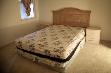 Natural Wood Queen Bed + Mattress Set with 2 Matching Nightstands