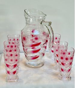 Vintage-Inspired Pink Floral Glass Pitcher & Tumbler Beverage Set | 7-Piece Set | Open Box | Unused