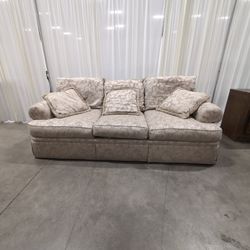 Henredon Upholstery Collection Beige Damask Skirted Three-Cushion Sofa, 94 Inch, Made in USA