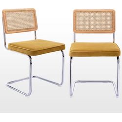 Mid Century Modern Dining Chairs Set of 2, Velvet Accent Chairs with Natural Cane Back & Stainless Chrome Base, Famous Breuer Designed Chairs, Upholst