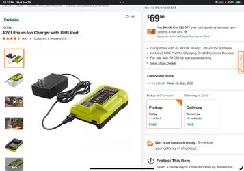 RYOBI 40V Lithium-Ion Charger with USB Port