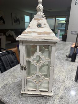Distressed White Wood Candle Lantern