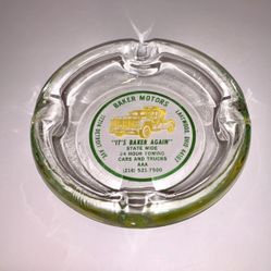 Vintage Baker Motors Lakewood Ohio Glass Advertising Ashtray Tow Truck