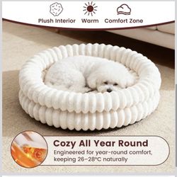 Beds for Indoor Cats, Machine Washable Orthopedic Donut Dog Bed for Small Dogs, Fluffy Round Pet Bed with Anti-Slip Bottom for Puppy and Kitten, White