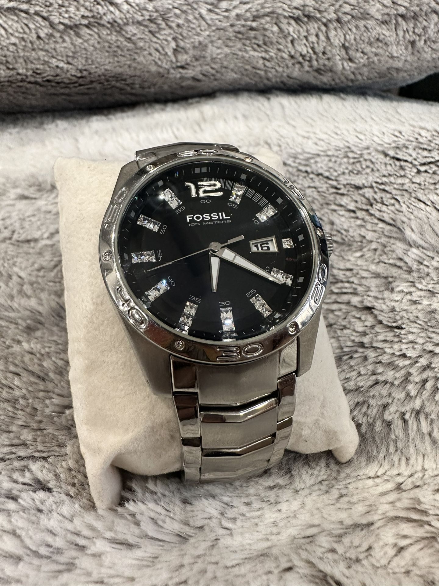 Men Fossil Watch Silver Black Diamond