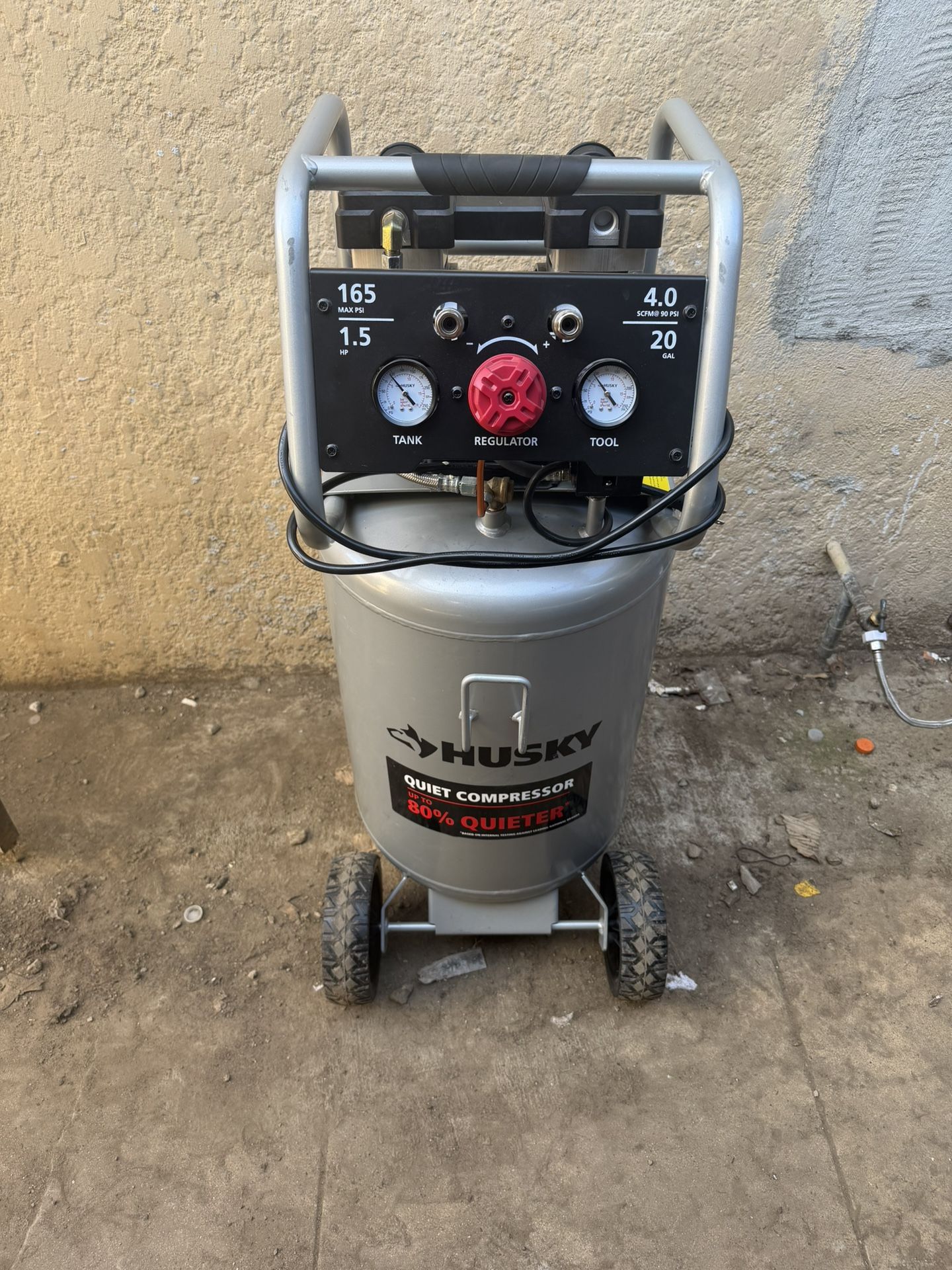 Husky 20 Gal.165 PSI Vertical Electric Oil-Free Quiet Auto/Workshop Air Compressor with Dual Gauges and 2-Quick Couplers