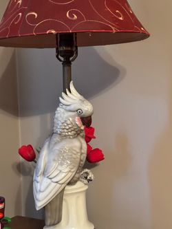 Ceramic Cockatoo Table Lamp with Red Shade