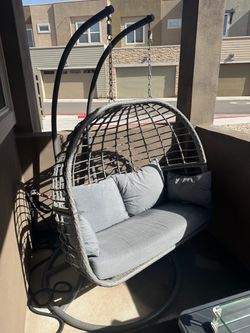 Grey Metal Wicker Outdoor Hanging Double Egg Chair