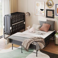 Folding Rollaway Bed with 5" Memory Foam Mattress, 3.15" Lift Adjustable Headboard, 75"x46" Twin Size, Heavy Duty Metal Frame on Wheels, Portable for 