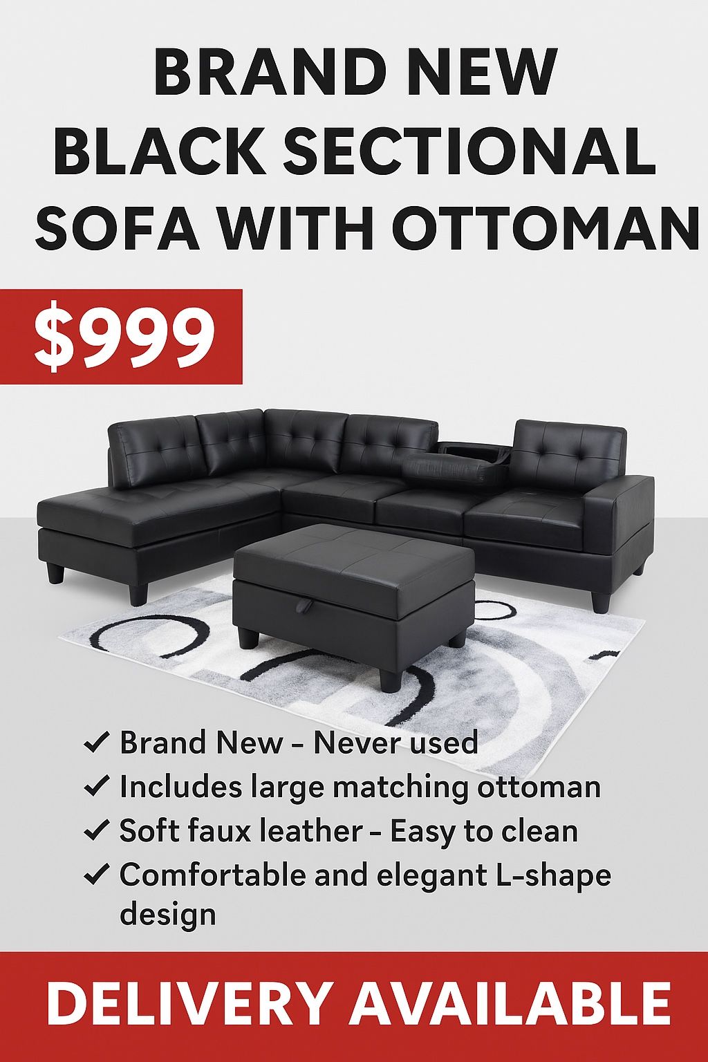 🛋️ Brand New Black Sectional Sofa with Ottoman – Modern Look – Delivery Available