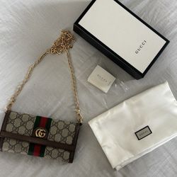 Authentic GUCCI GG Supreme Monogram Web Ophidia Wallet On Chain Crossbody Bag 