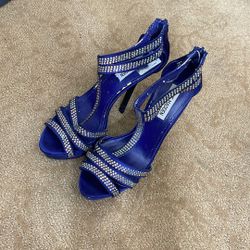 Steve Madden Blue ShowStop Satin Crystal Platform Heels 7.5w 
