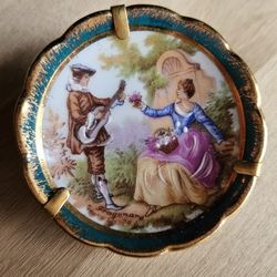 Vintage Limoges Miniature Gold Trim Plate Courting Couple Stand France