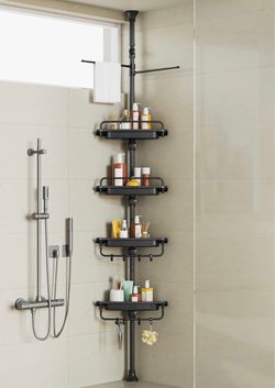 32-122inch Corner Shower Caddy Tension Pole Black, Rustproof Drill-Free Shower Shelves for Bathroom Bathtub Washbasin, Adjustable Shower Organizer wit