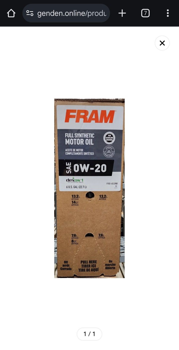 FRAM 0x20 Full Syntethic Oil.
6 Gallon Box.