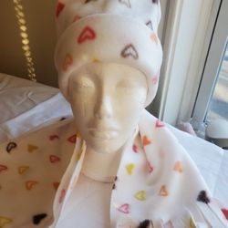 New Fleece Pillbox Hat and Scarf Set Mini Hearts Hand Crafted Adult sz