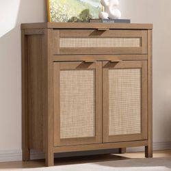 SICOTAS Sideboard Buffet Storage Cabinet, Rattan Accent Cabinet with Doors and Drawer, Modern Creden