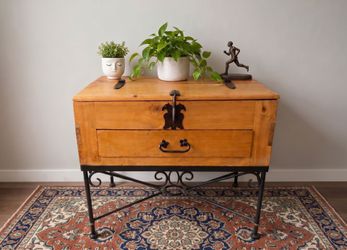 Pine Wood Chest on Wrought Iron Stand