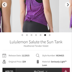 Lululemon Salute the Sun Tank - Heathered Tender Violet, size 6(?)