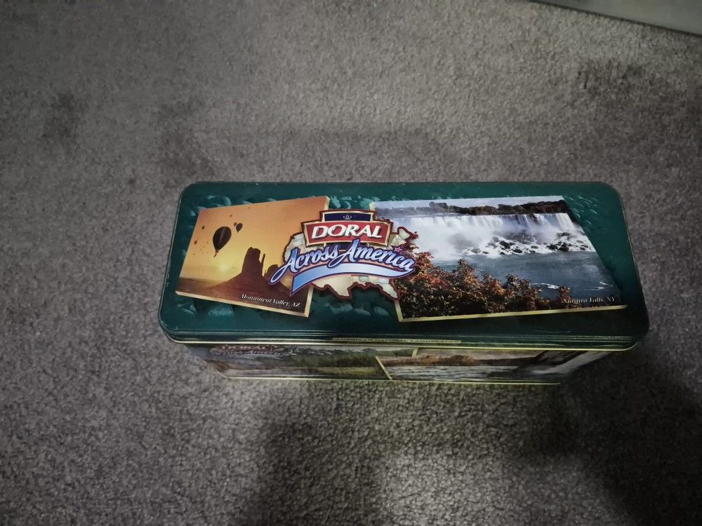 Vintage Doral Metal Tin Storage Container, Cigarette Advertising, Doral Across America, 10 x 4 1/2 x 4 inches.