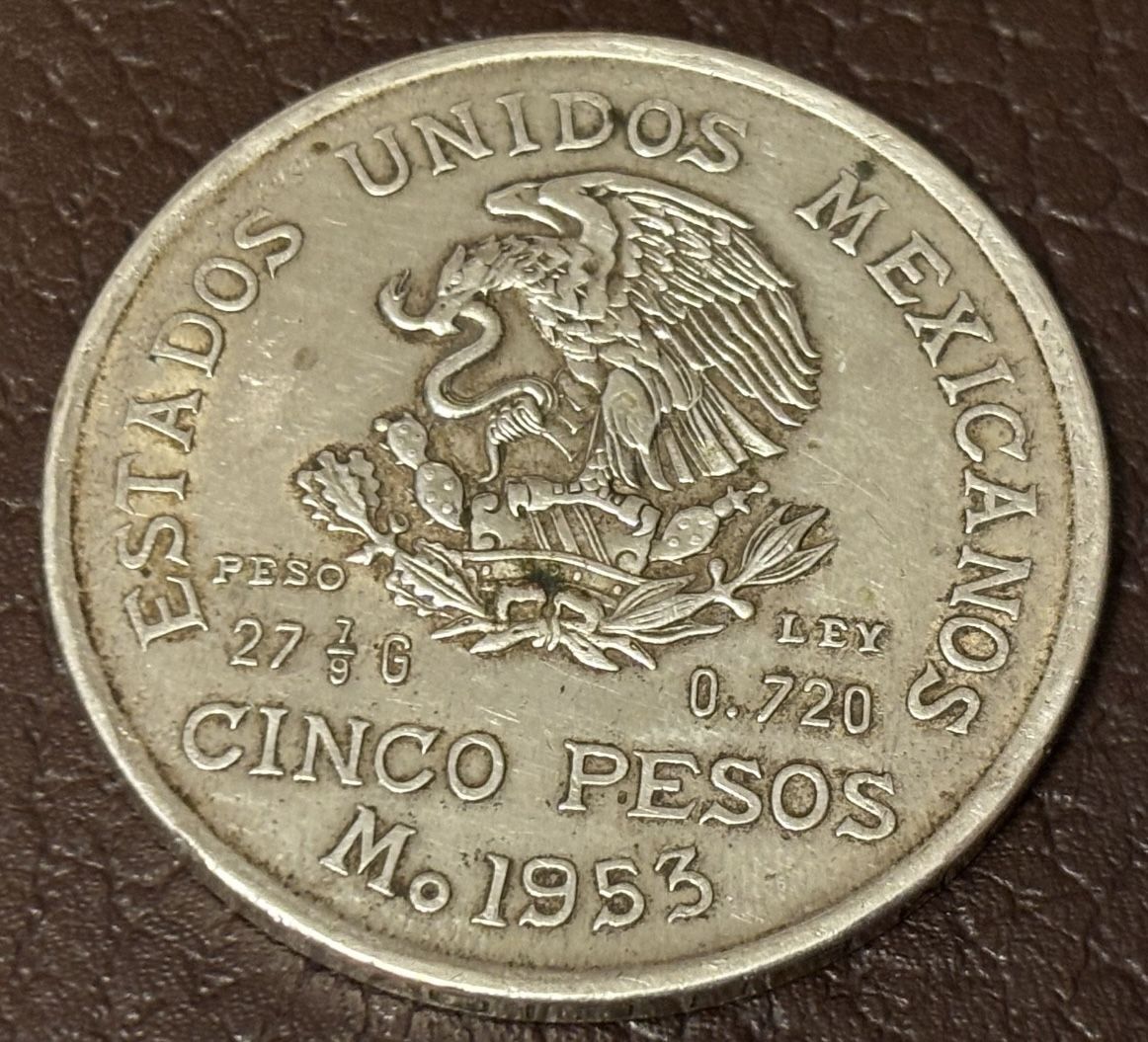 Cinco Pesos 1953 Vintage Coin Of Mexico