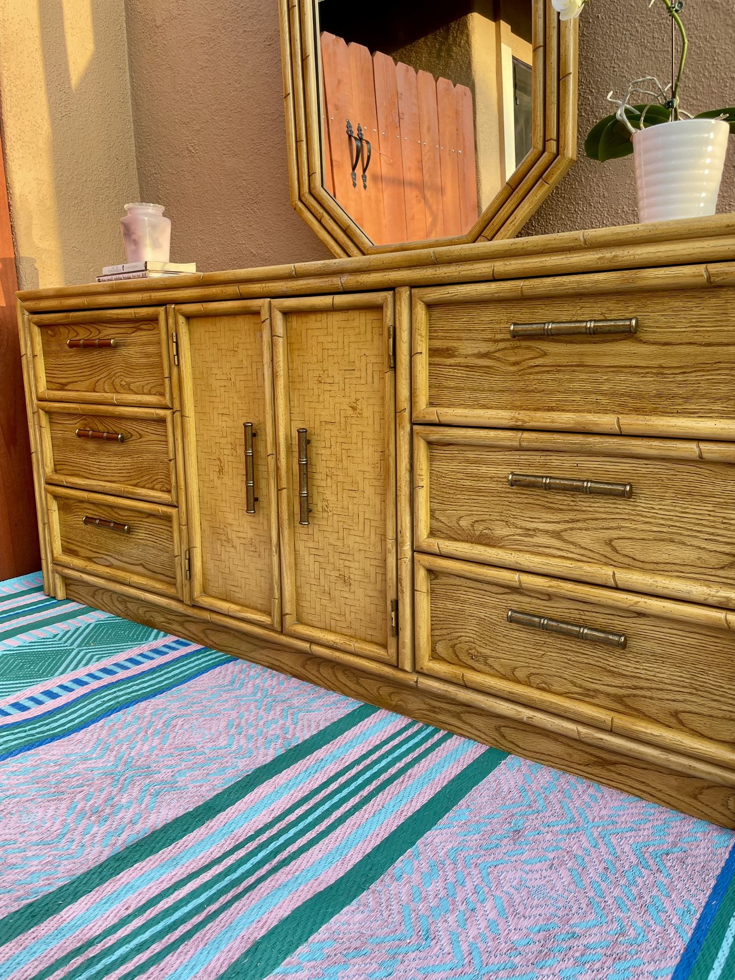Dresser mirror nightstand bedroom set faux bamboo vintage mcm mid century modern tiki tropical retro
