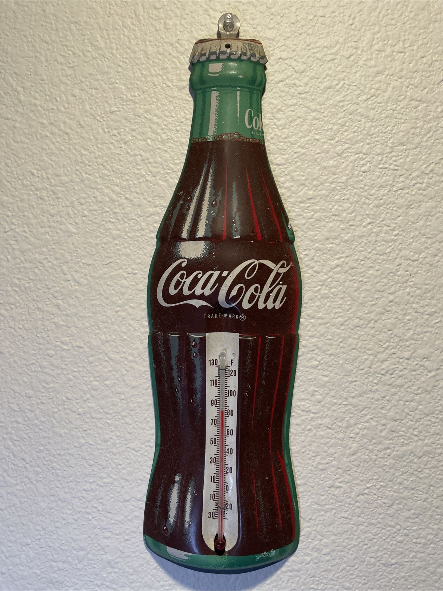 Coca-Cola Sign/Advertisement Tin TCA Coke Bottle Thermometer 17" Vtg 1950s