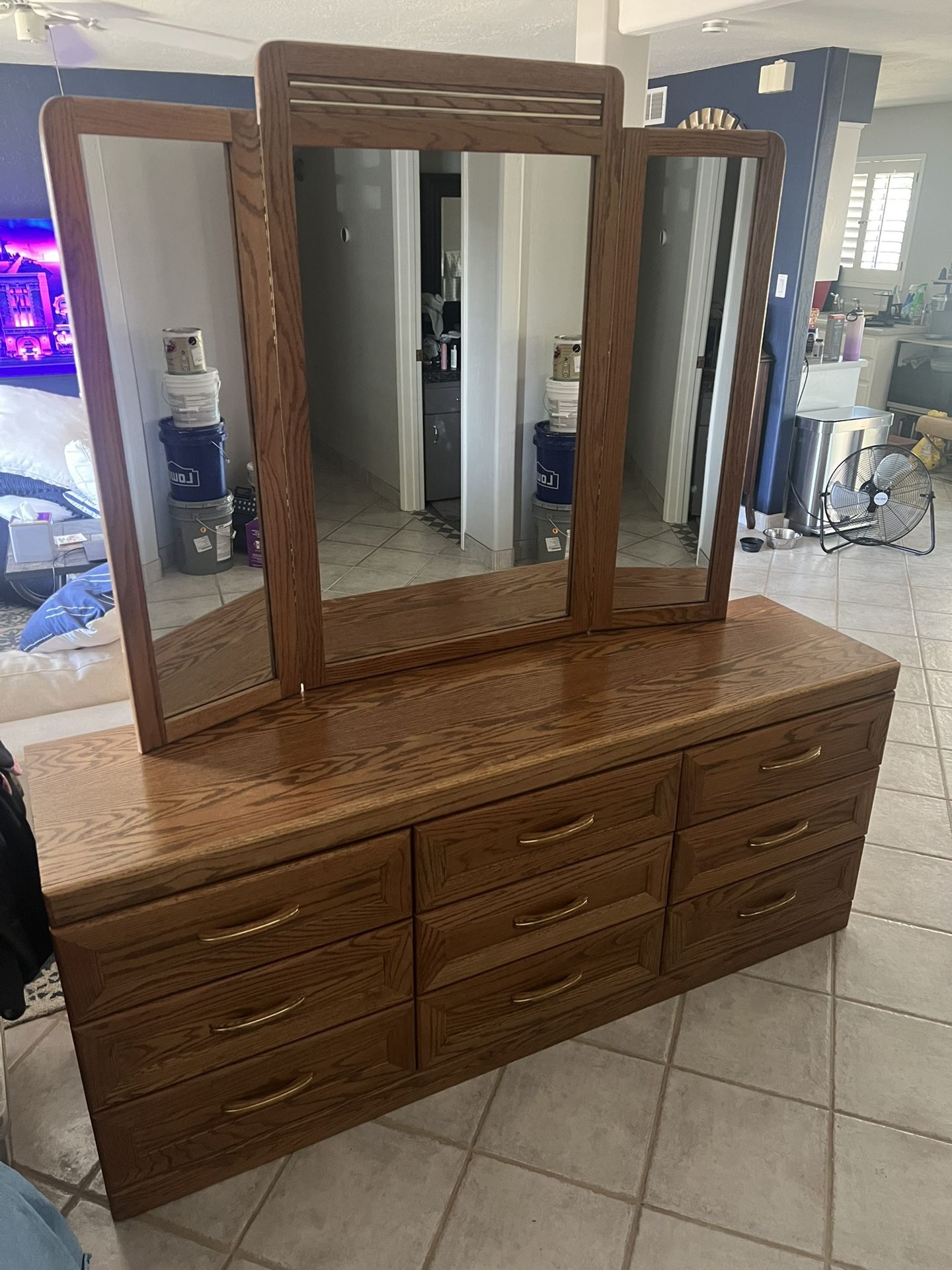 9-Drawer Oak Dresser w/ Trifold Mirror – 72”