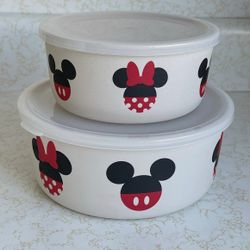 Disney Storage Food Container Bowls Mickey & Minnie Mouse Nesting Bamboo Dishes