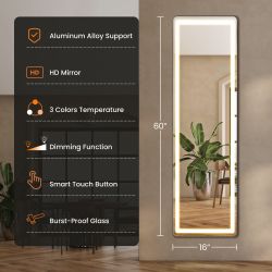3 Color Lighting Mirror with LED Lights, 67x23 Lighted Floor Standing Mirror with Stand
