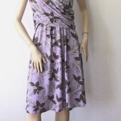 LANDS END Women’s Purple w/ Green Leaf Print Faux Wrap Dress