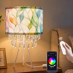 Smart Tripod Table Lamp with Colorful Leaf Drum Shade