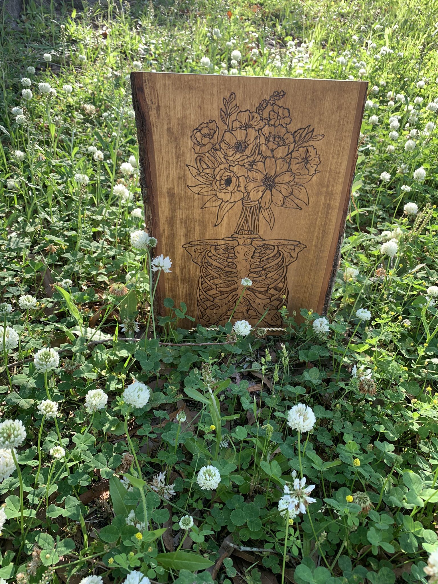 Flower Head Skeleton Woodburned Art