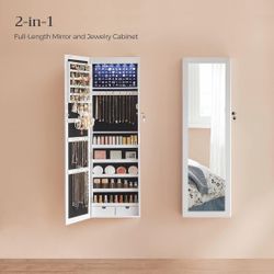 6 LEDs Mirror Jewelry Cabinet, 47.2-Inch Tall Lockable Wall or Door Mounted Jewelry Armoire Organizer with Mirror, 2 Drawers, 3.9 x 14.6 x 47.2 Inches