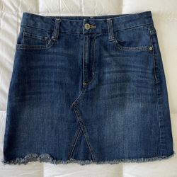 Dark Blue Vintage Wash Fringe Hem High Rise Classic Denim Jean Skirt - Women’s Juniors 7