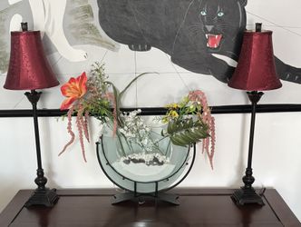 two lamps with art deco turquoise glass flower vase 