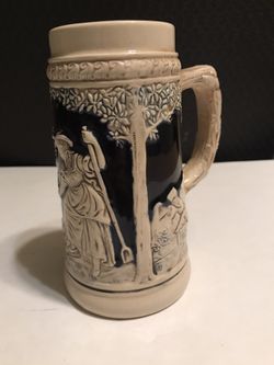 Vintage West German Stein White w/ Blue Background Hunter & Woman