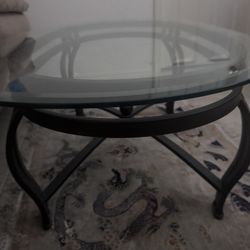 Glass Top Coffee Table w/ Black Metal Frame Oval Modern Table