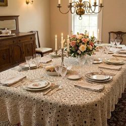 XL LARGE VINTAGE 70" CREAM CROCHETED CROCHET TABLECLOTH LINENTABLE CLOTH RUNNER COVER DECOR