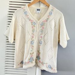 Vintage Leslie Fay Floral Embroidered Button Up Cardigan Short Sleeve Sweater  