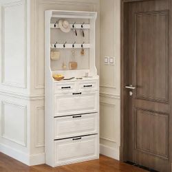Hall Tree with Shoe Storage Cabinet and Coat Rack Slim Entryway Hall Tree with 3 Flip Drawers and 2 Storage Drawers for Narrow Halls and Mudroom White